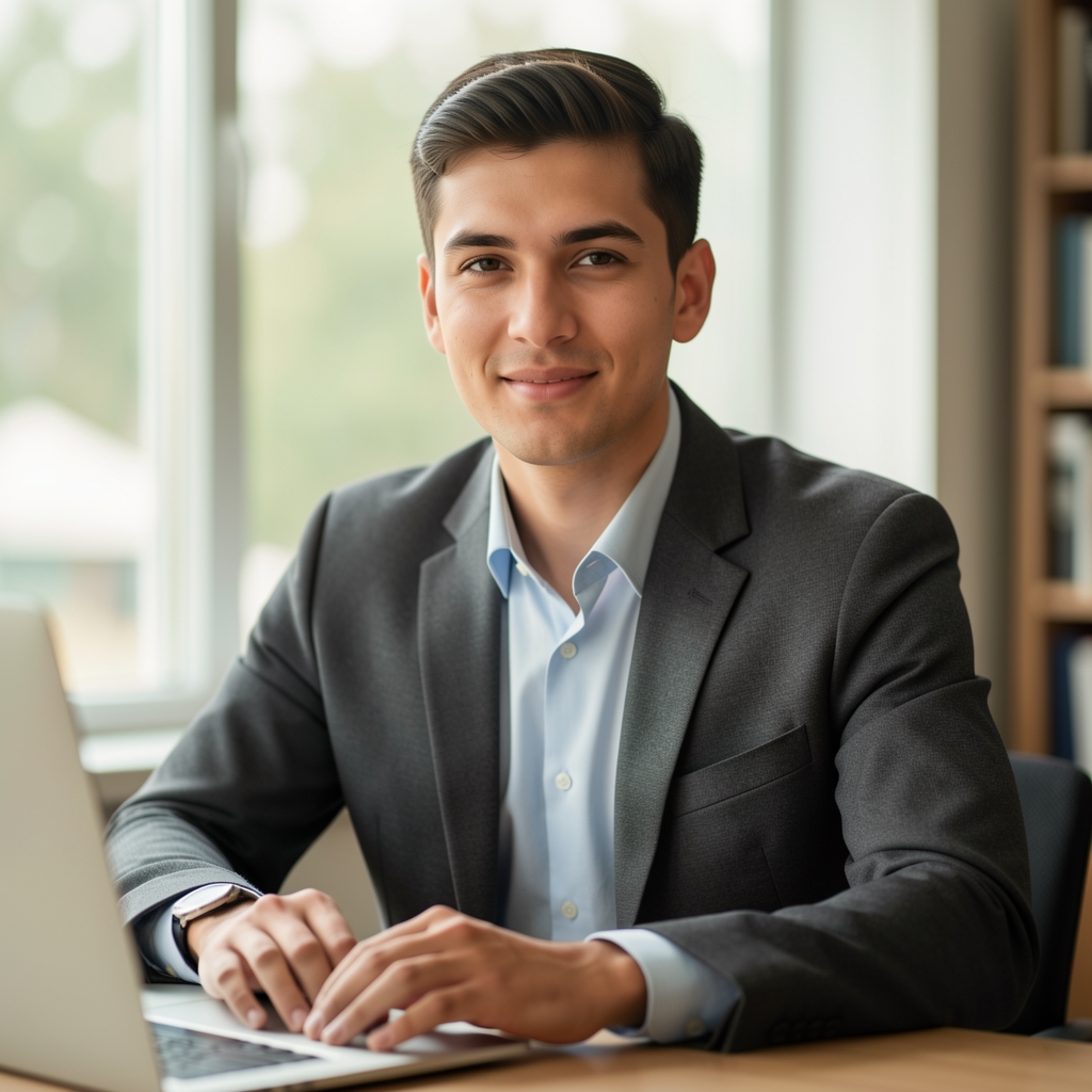 Editorial portrait of Marcus Chen, primary editor, at a writing desk with natural window light behind him